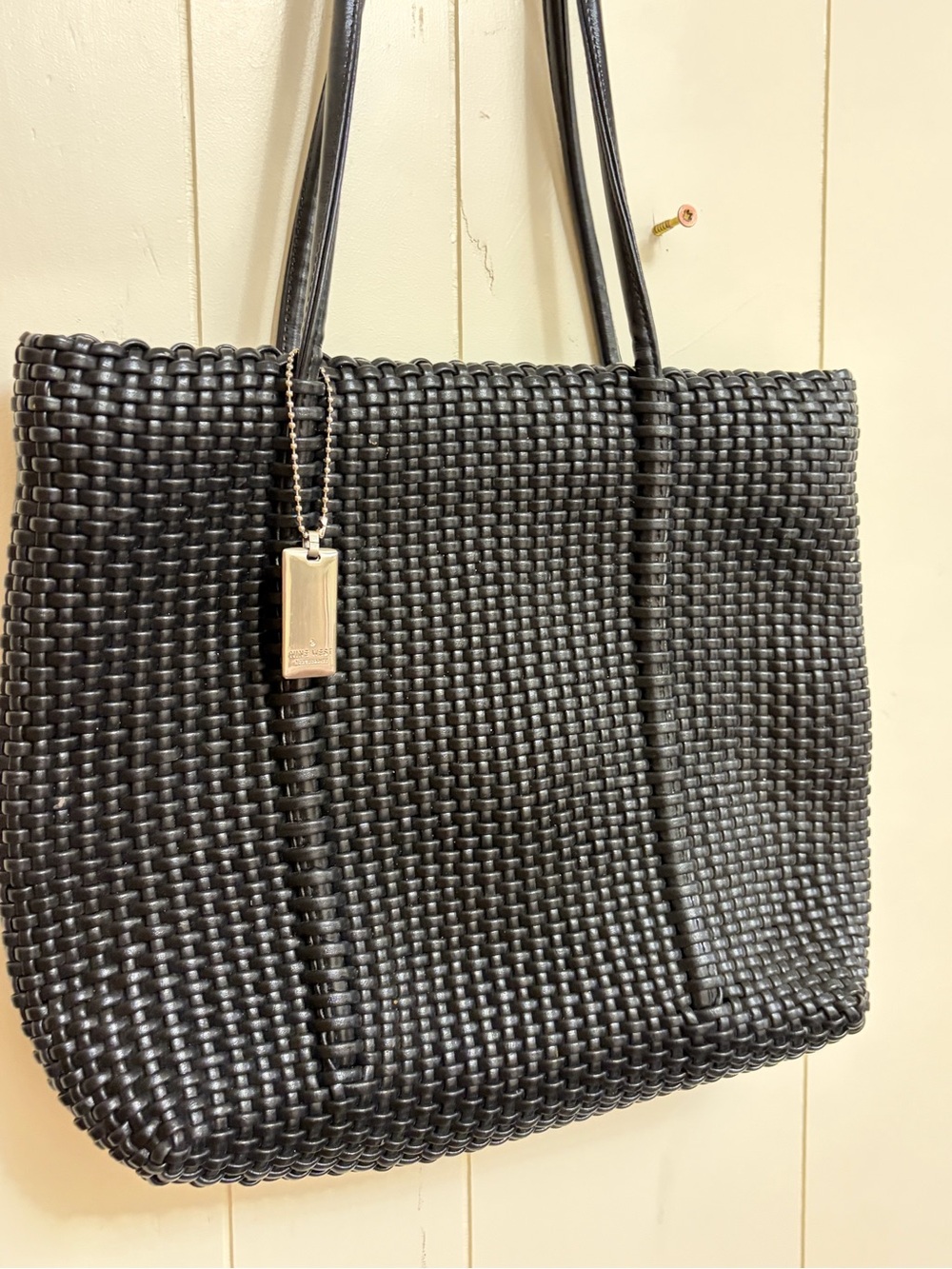 Nine West Black Woven leather Shoulder Tote with silver tag y2K preppy sleek